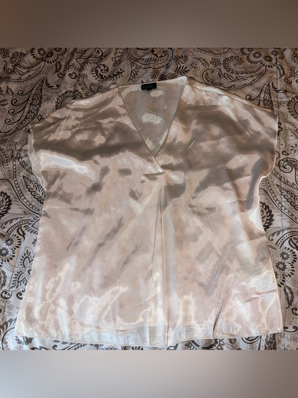 Nicole Miller Pearl Satin V-Neck Short Sleeve Blouse
